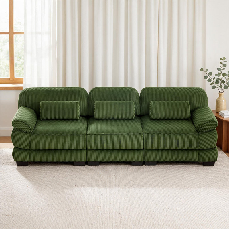 Canapé modulable 3 places, en velours côtelé avec coussins d'assise pour salon, appartement, Vert