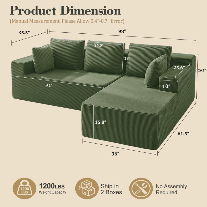Canapé modulaire moderne en L avec méridienne et siège à compression profonde, sans assemblage requis, Green Corduroy