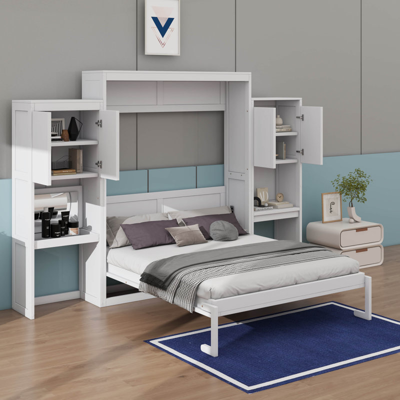 Grand lit mural avec coiffeuse et rangement, Blanc