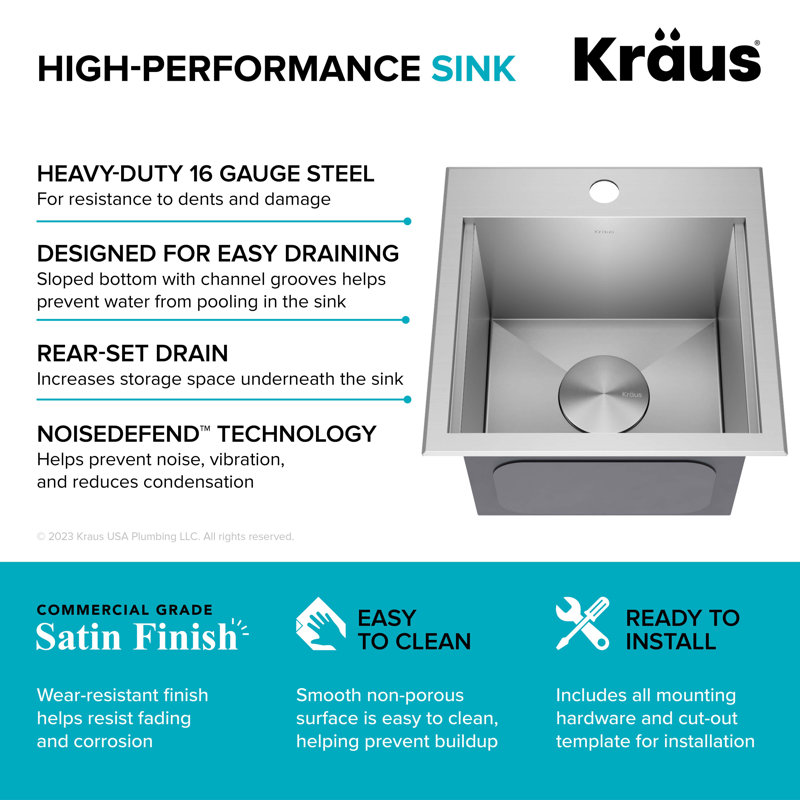 Kore 15" Stainless Steel Single Basin Bar Sink with Bamboo Cutting Board