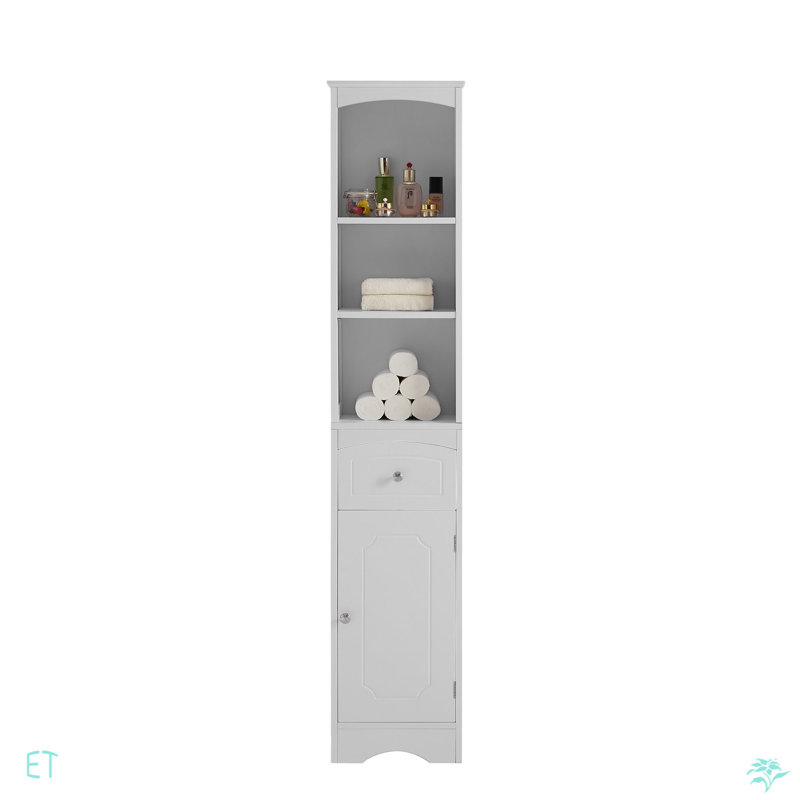 Armoire de salle de bain haute, armoire de rangement autoportante avec tiroir, panneau de fibres à densité moyenne, tablette réglable