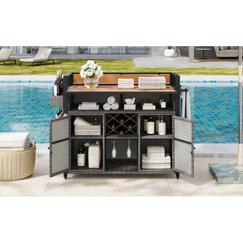 Chariot de barbecue extérieur en osier l 52,8 po avec plateau en bois synthétique, Gris