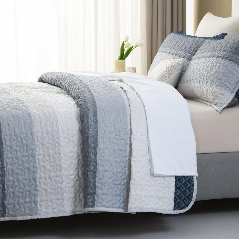 SLEEPBELLA Quilt Set King Size 3Pcs, Blue & Navy Striped Patchwork Pattern All Season Lightweight Coverlet Sets(King 106x96, Blue Patchwork)