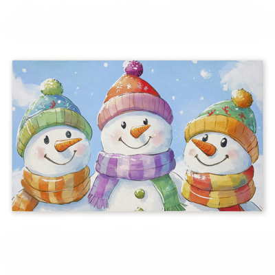 Tapis de porte d'extérieur Happy Snowmen Trio, par Petal Prints Design, 18 po x 30 po