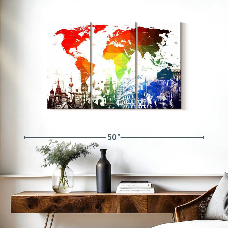 " Rainbow World Map " by Naomi Heart 3 - Pieces, 38" H x 24" W x 1.25" D