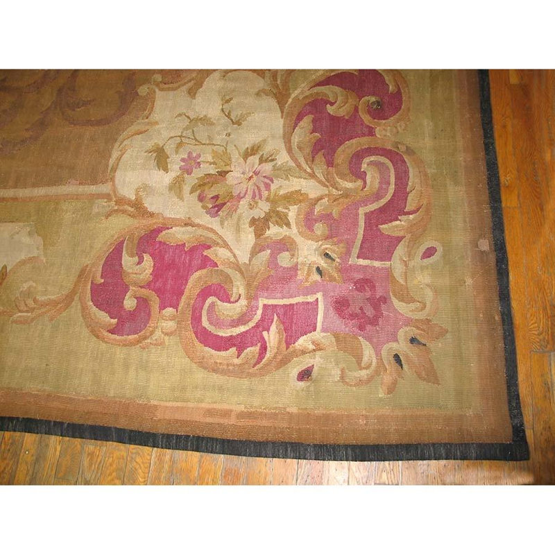 1860s Brown Traditional Floral Antique French Louis Philipe Period Aubusson Rug