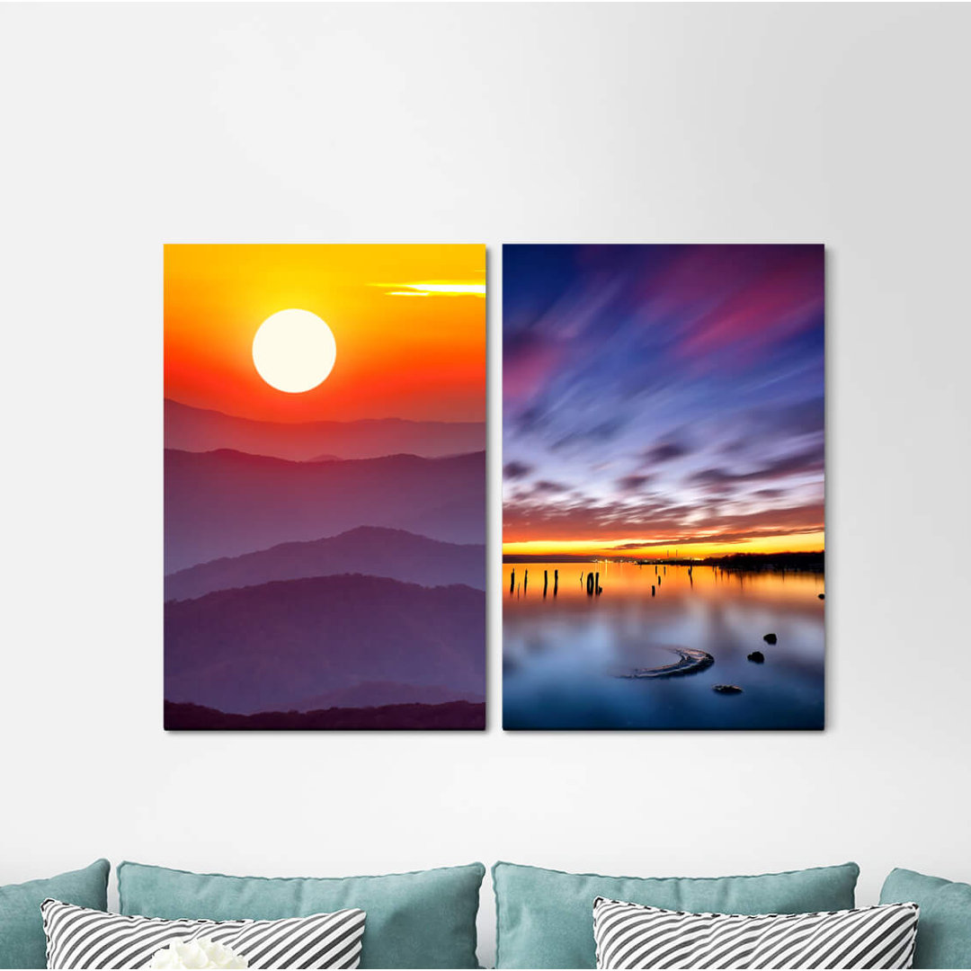 2-tlg. Leinwandbilder-Set - Fotografie „Mountains Sun Mountain Landscape Red Sky Evening Red Sunset”