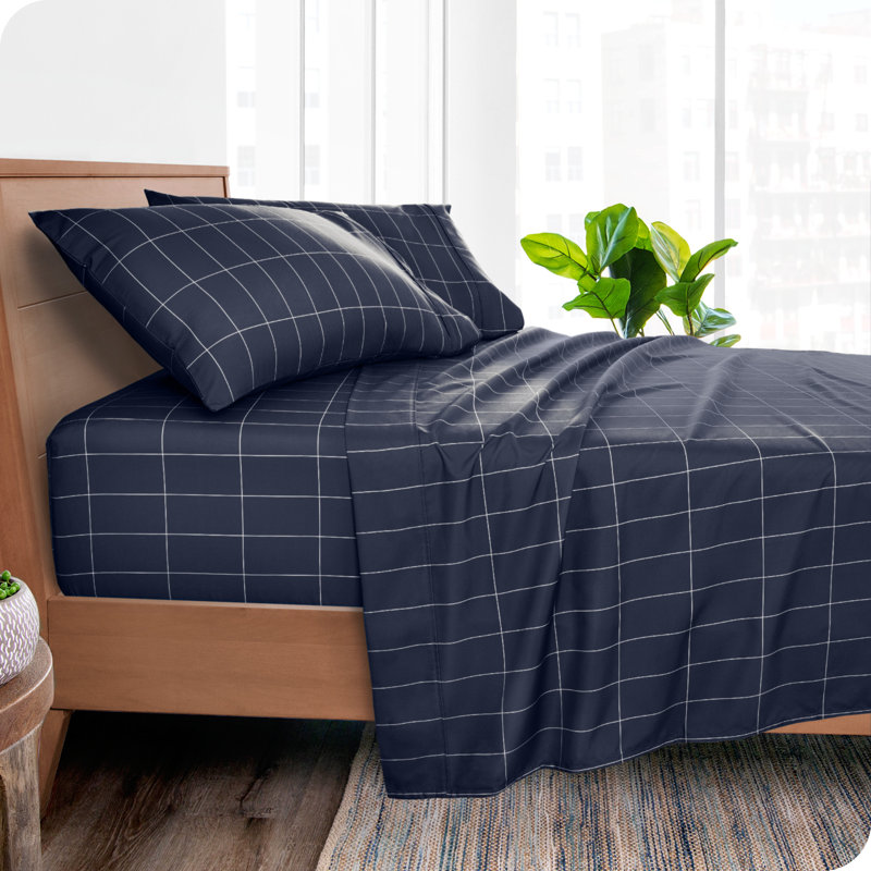 Sheet Set - Ultra-Soft Microfiber Bed Sheets - Double Brushed - Deep Pockets - Easy Fit, Grid - Midnight/White