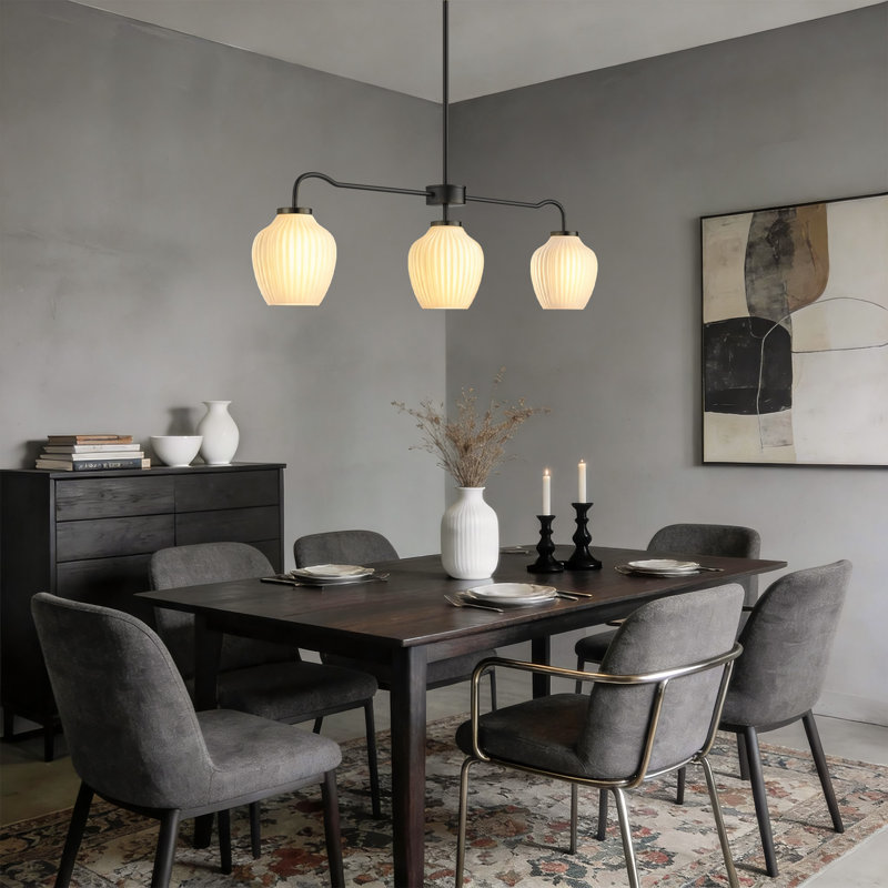 3-light 36"W Black Modern Linear Pendant with Frosted Glass Shades for Kitchen Island or Dining Room, Matte Black