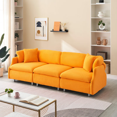 95.3 Inches Velvet For 3, Orange Fabric With Comfortable And Exquisite Throw Pillows Modern Living 3 Seat Velvet, Graceful Charming Space