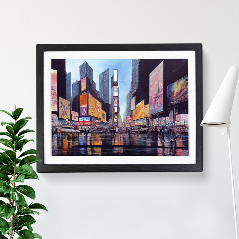 Times Square New York Watercolour Vol.1 - Single Picture Frame Print, Black Framed, 46cm H x 64cm W x 2cm D