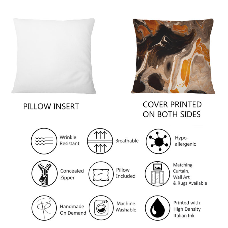 Orange orange, gris et noir paysage de marbre I - Coussin décoratif imprimé moderne 1