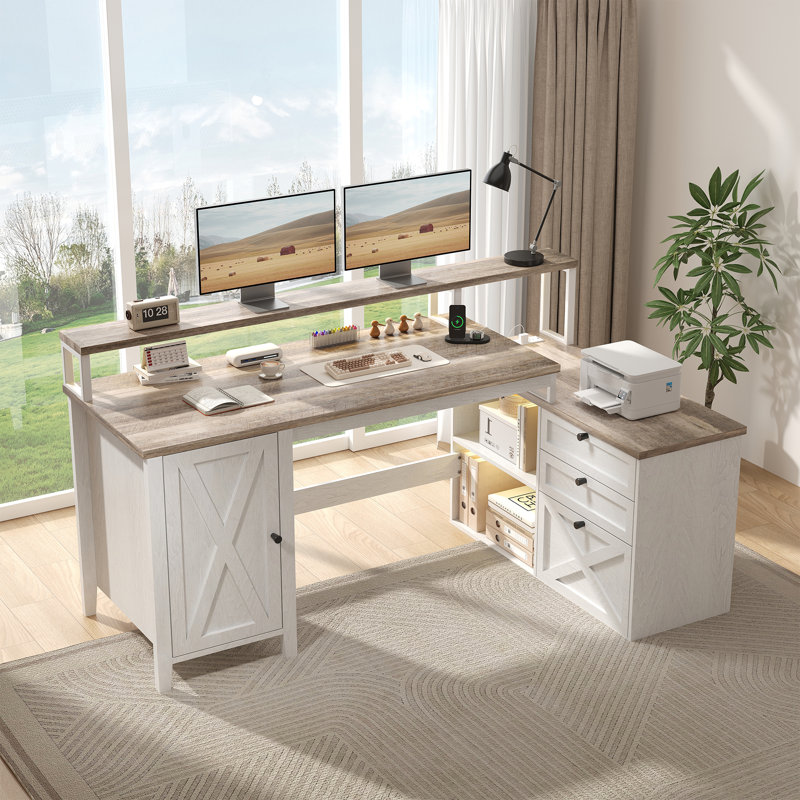 Farmhouse L-Shaped Desk With Power Outlet & Led Lights, Large Corner Computer Desk With 3 Drawers & Cabinet, 58 Inch Office Desk For 2 Monitors, Printer, Rustic Brown & White
