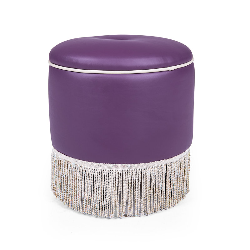 Fully Assembled Round Linen Blend Ottoman with Tassel Fringe, Red Linen
