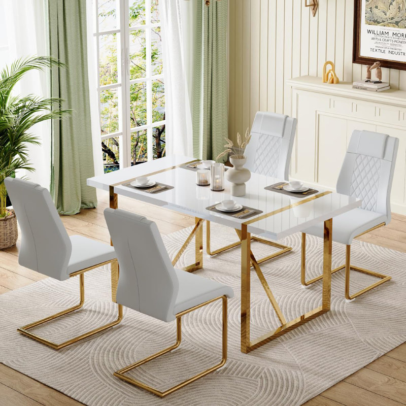 Minday Double Pedestal Dining Set, 5, Gold, White/Gold