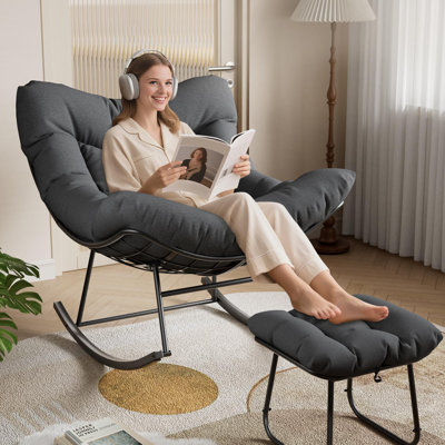 Oversized Papasan Rocking Chair with Footrest, Outdoor Rattan Egg Rocker with Ottoman & Metal Frame for Patio Balcony Backyard Porch Bedroom