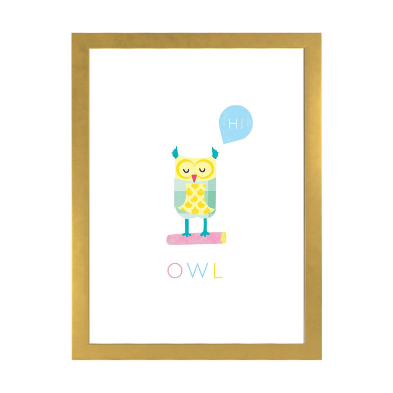 Chouette - impression d'art graphique, Papier encadré doré, H 24 po x l 16 po x P 1 po, Blanc
