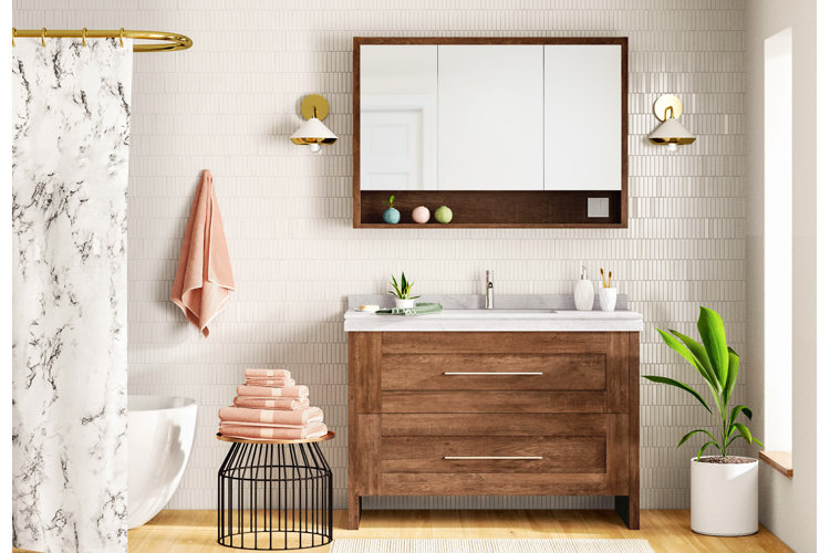 modern bathroom with a wood single vanity and a tri-view medicine cabinet
