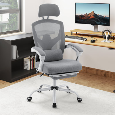 Chaise de bureau en filet avec roulettes, chaise de bureau d'ordinateur pivotante avec appui-tête, accoudoirs, support lombaire et repose-pieds, réglable en hauteur