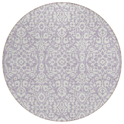8' Lavender And Ivory Round Damask Washable Indoor Outdoor Area Rug