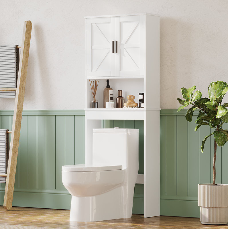 Armoire de rangement au-dessus de la toilette avec tablette réglable, organisateur de salle de bain avec portes doubles et tablette ouverte, support de toilette autoportant pour petite salle de bain - Blanc
