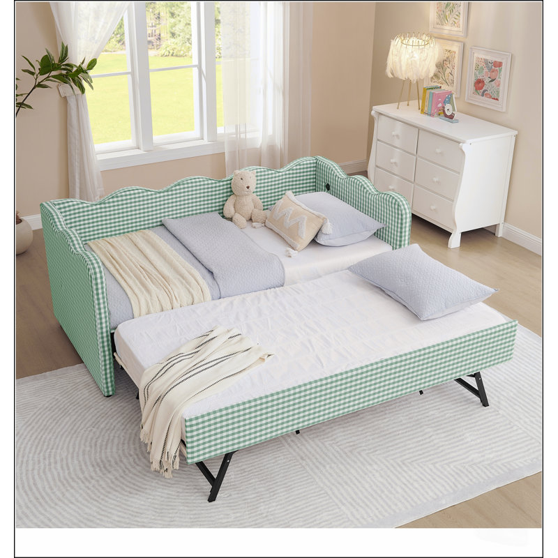 Lit de jour en vichy douillet avec couchette, port USB et conception adorable en forme de vague, aucun sommier nécessaire, tissu en lin