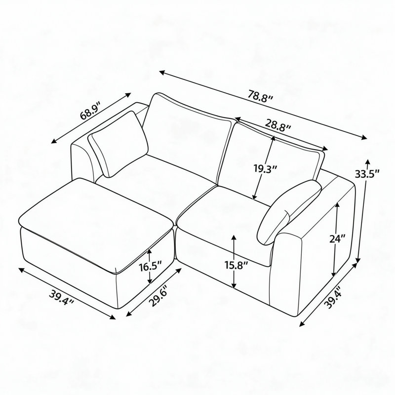 Canapé 2 places en lin kaki avec pouf, canapé moderne rembourré