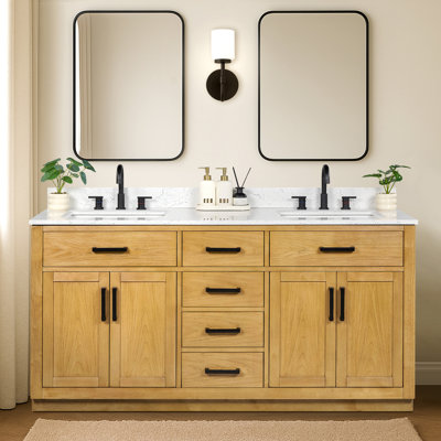 66'' Double Bathroom Vanity with Drawers, Shelf, Outlet, and Engineered Marble Top