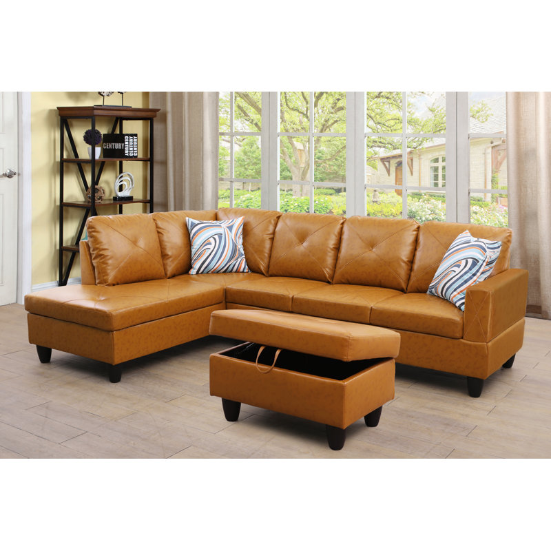 Canapé et méridienne de 97 po de large avec repose-pieds de 97 po faisant face à la gauche, Similicuir orange