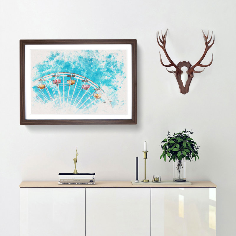Santa Monica Pier Ferris Wheel - Picture Frame Painting Print, Walnut Framed Framed, 33cm H x 45cm W x 2cm D