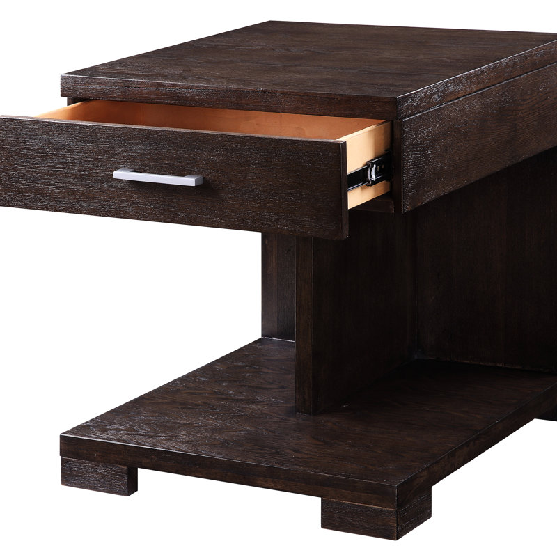 Table de bout en noyer de style contemporain avec tiroir et tablette en bois