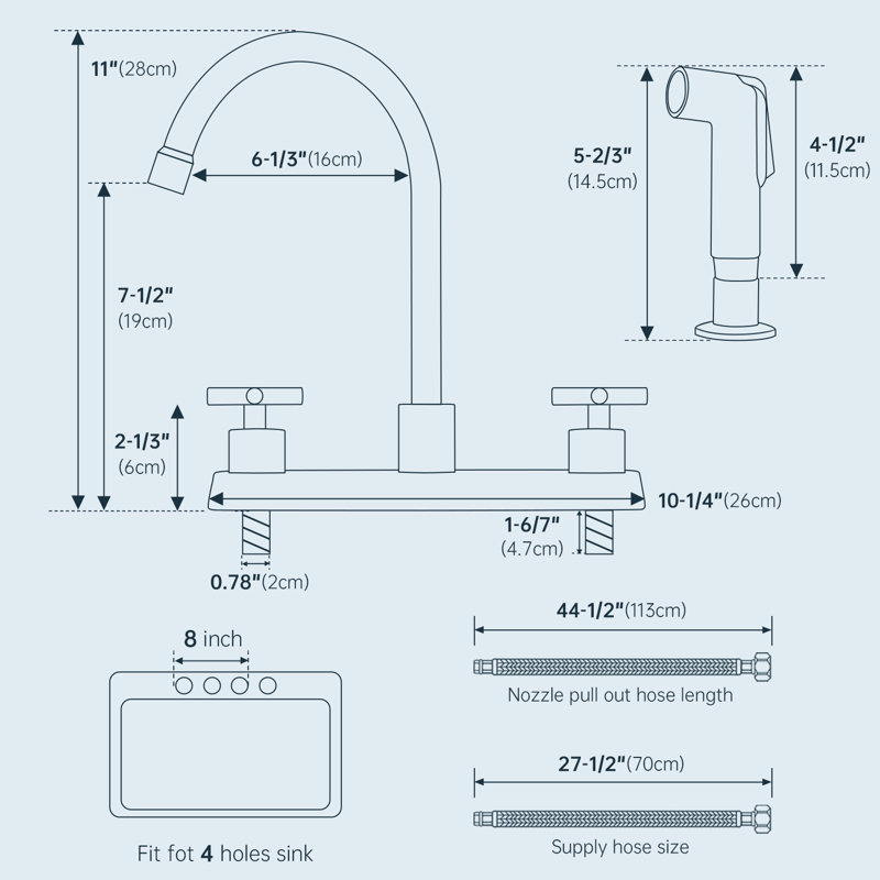 Two-Handle 4-Hole 8" Centerset Kitchen Faucet with Side Sprayer, Matte Black