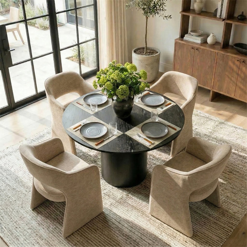 4 - Person Dining Table Sets With Round Table & 4 Upholstered Chenille Chairs, Brie, Black