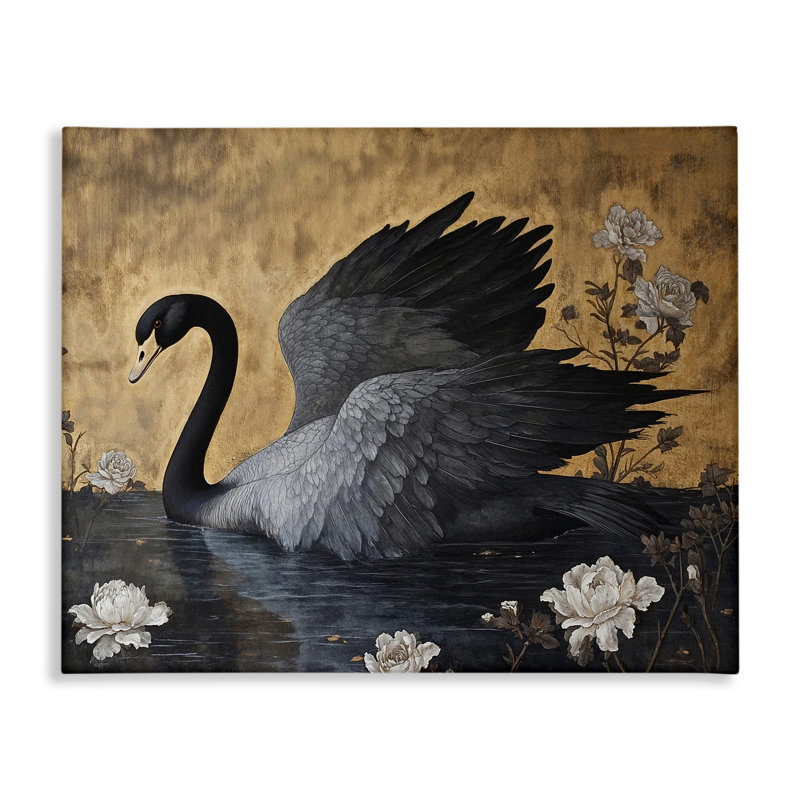 Cygne foncé sur toile de lac, design par Jose Perez, H 16 po x l 20 po