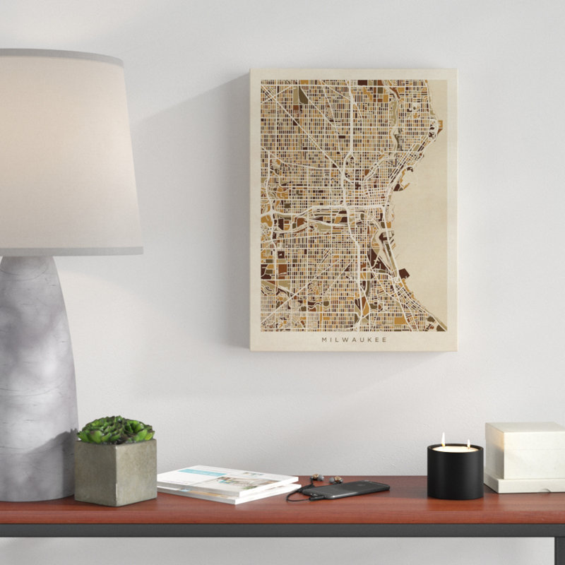 « milwaukee wisconsin city map brown », impression sur toile tendue, H 19 po x l 14 po x P 2 po