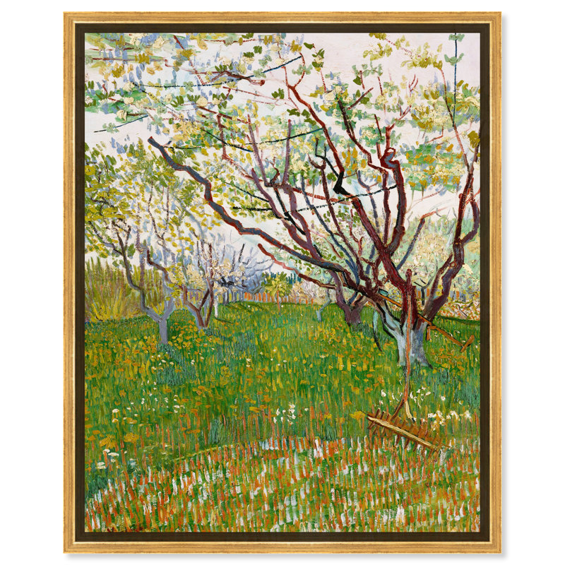 Van Gogh - Les arbres du verger en fleurs - Peinture sur toile, H 28 po x l 24 po, Toile avec cadre or