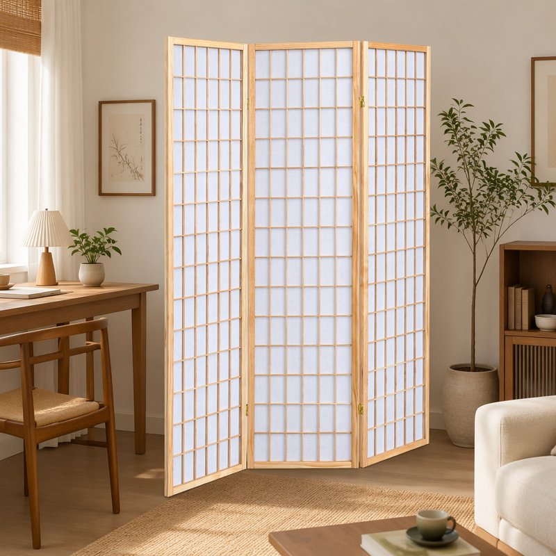 Three-Panel Folding Featuring Natural Wood Frame and Light-Diffusing Paper Panels for Elegant Privacy and Ambient Lighting.