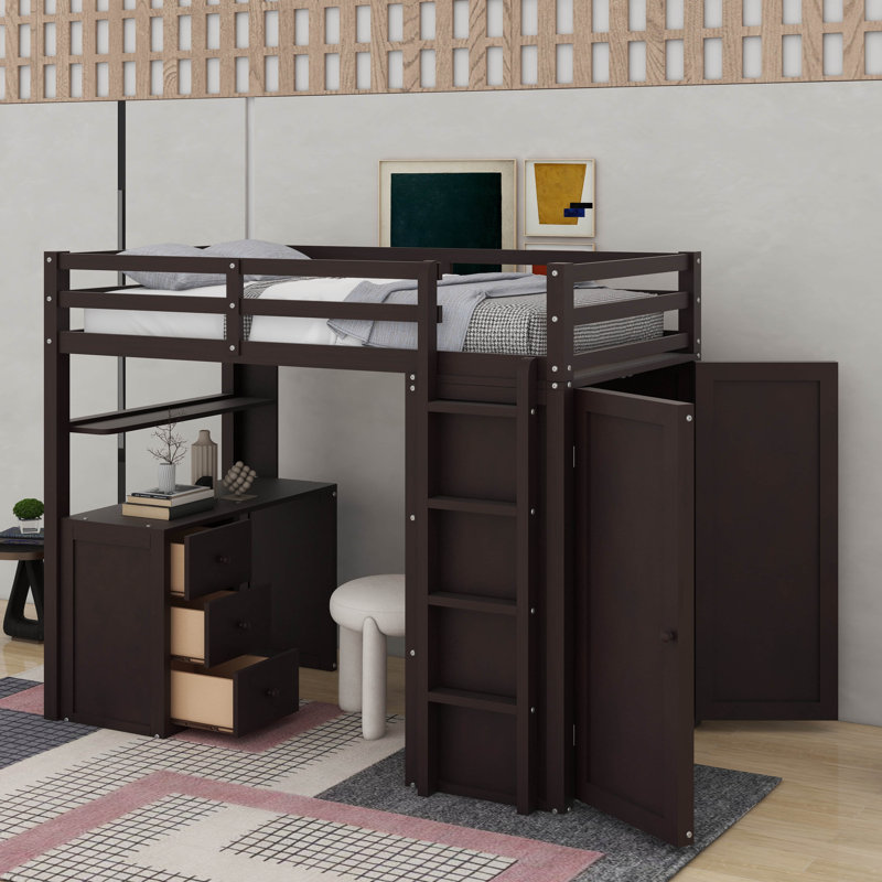 Twin Loft Bed With Drawers,Desk And Wardrobe, Espresso