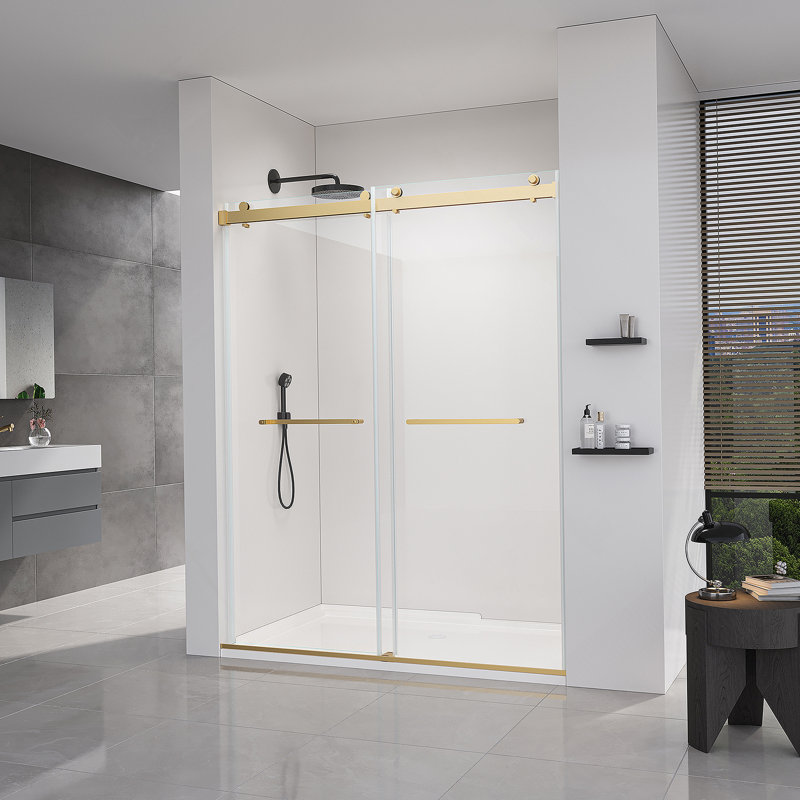Porte de douche coulissante, porte en verre sans cadre avec quincaillerie en acier inoxydable, Or brossé