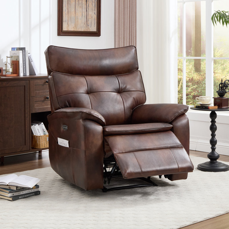 Olmead 35.8" W Top-Grain Genuine Leather Power Recliner, Brown
