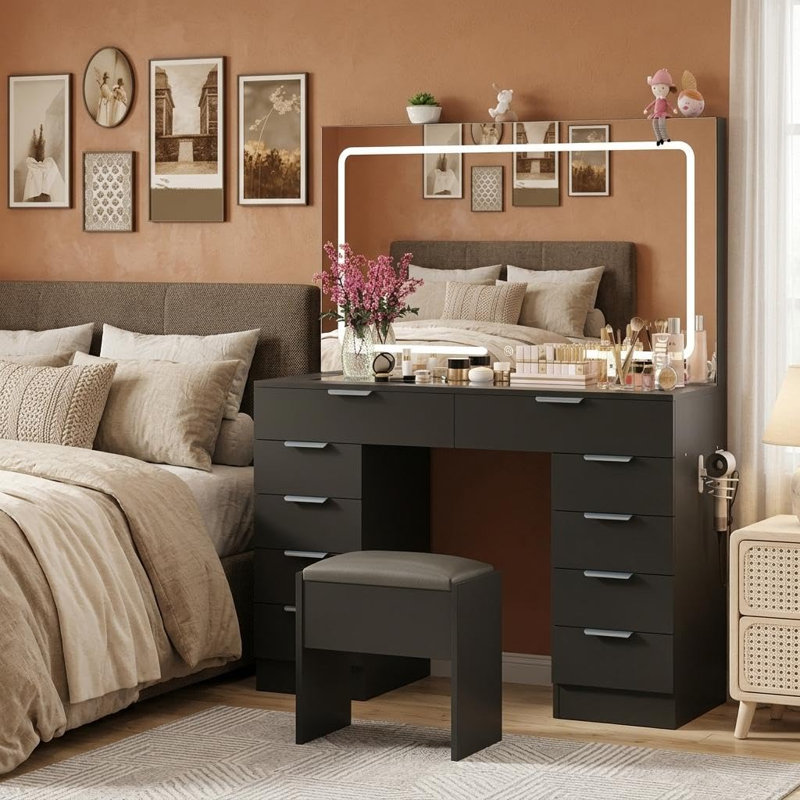Bureau de maquillage avec miroir et lumières, rangement à 10 tiroirs et prise de courant, éclairage réglable à 3 couleurs, tabouret et accessoires pour chambre à coucher inclus