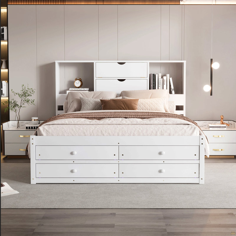 Grand lit plateforme avec tête de lit à rangement et 8 tiroirs, Blanc