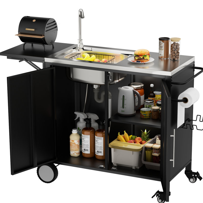 Table de barbecue pour l'extérieur avec évier et armoire, plateforme en métal pliable, roulettes verrouillables à 360 °, acier inoxydable 304, roues spacieuses pour l'espace de travail, fonction de drainage complète, installation facile