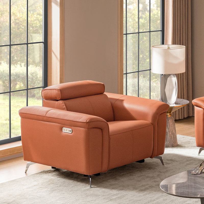  Maltby 45.25" Modern Genuine Leather Dual Motor Power Recliner with Adjustable Headrest, Caramel