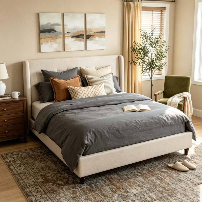 Base de lit tapissier 52,7 po, Taupe, Grand lit