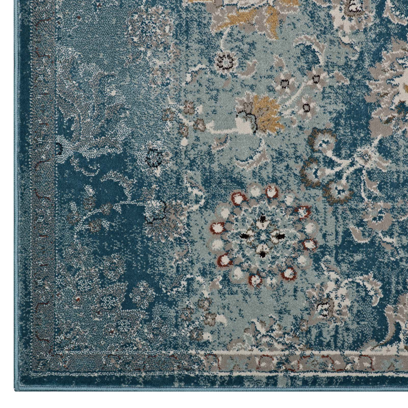 Cynara Distressed Floral Vintage Medallion 5x8 Area Rug in Silver Blue Teal and Beige by Modway, Rectangle 5' x 8'