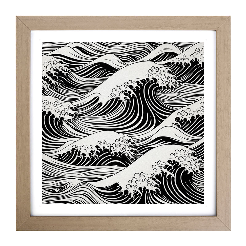 Japanese Wave Op - Single Picture Frame Print on Wood, Oak