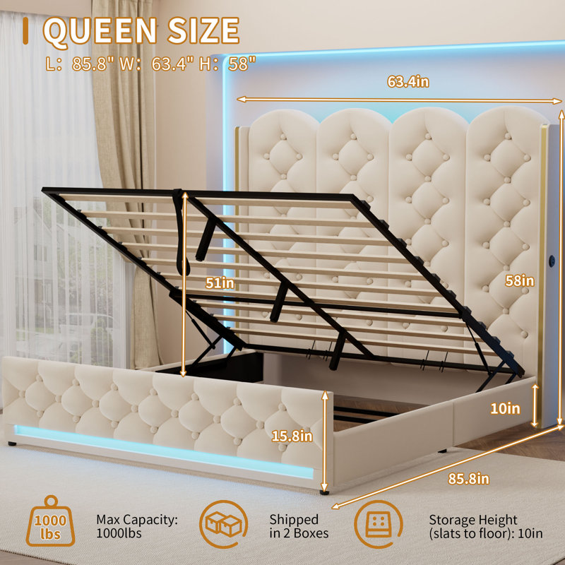Lift Up Storage Bed,Tall Bed Frame,Upholstered Velvet Bed Frame with LED Lights and 58-Inch High Button-Tufted High Headboard,No Box Spring Needed,Noise-Free,Easy Assembly