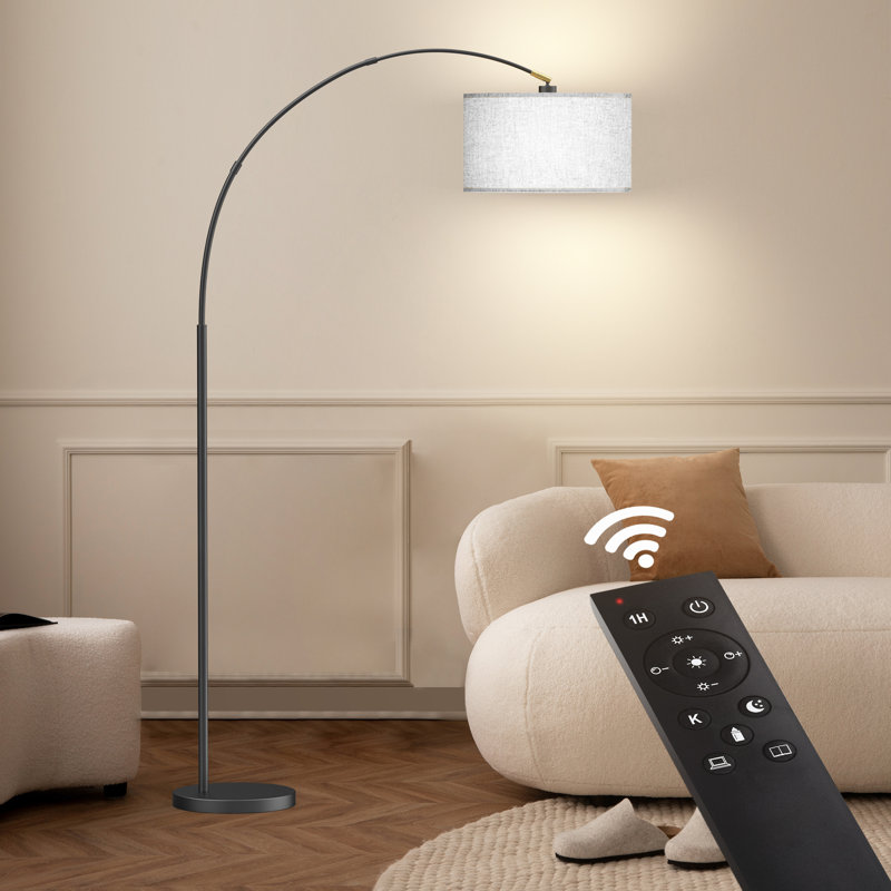 Lampe sur pied arquée 78,7 po Asem avec télécommande, ampoule DEL incluse et grand abat-jour Asem, Gris clair, Noir mat