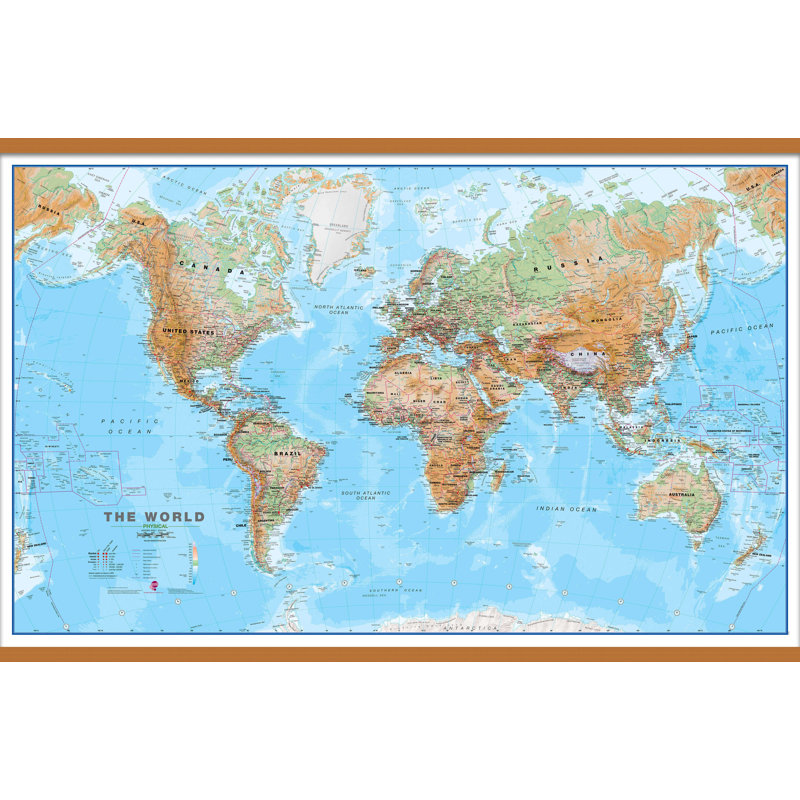 Large World Wall Map Physical - Print, 90cm H x 136cm W x 0.5cm D, Brown Framed